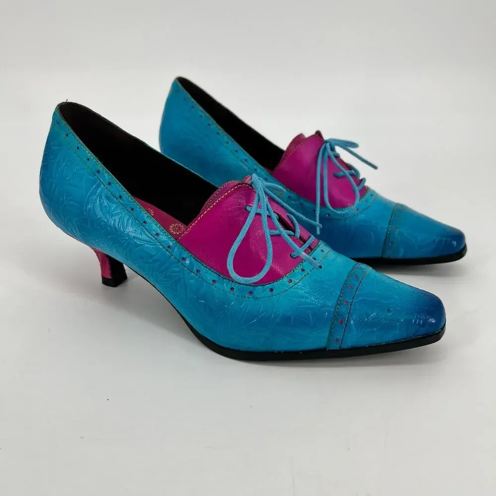 Smaibulun Soffia Kitten Heel Oxford Shoe Womens EU 39 US 8-8.5 Turquoise Leather